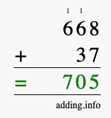 Calculate 668 + 37 using long addition