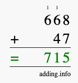 Calculate 668 + 47 using long addition