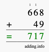 Calculate 668 + 49 using long addition