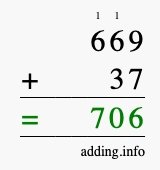 Calculate 669 + 37 using long addition