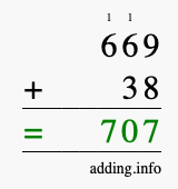 Calculate 669 + 38 using long addition