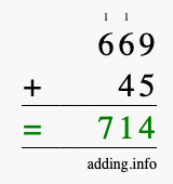 Calculate 669 + 45 using long addition