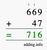 Calculate 669 + 47 using long addition