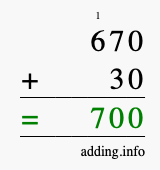 Calculate 670 + 30 using long addition