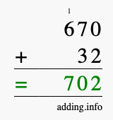 Calculate 670 + 32 using long addition
