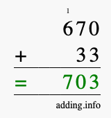Calculate 670 + 33 using long addition