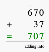 Calculate 670 + 37 using long addition