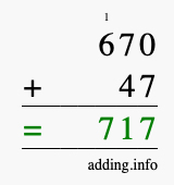 Calculate 670 + 47 using long addition