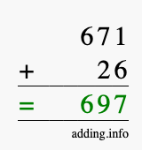 Calculate 671 + 26 using long addition