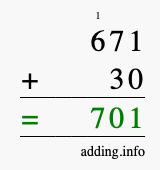 Calculate 671 + 30 using long addition