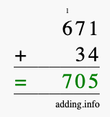Calculate 671 + 34 using long addition