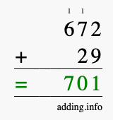 Calculate 672 + 29 using long addition