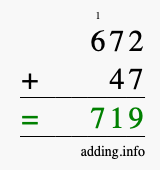 Calculate 672 + 47 using long addition