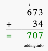 Calculate 673 + 34 using long addition