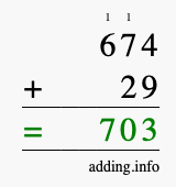 Calculate 674 + 29 using long addition
