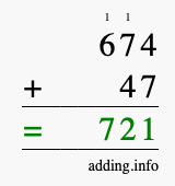 Calculate 674 + 47 using long addition