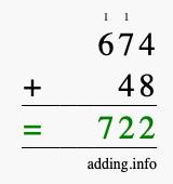 Calculate 674 + 48 using long addition