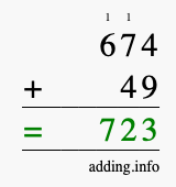 Calculate 674 + 49 using long addition