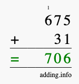 Calculate 675 + 31 using long addition