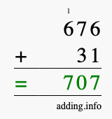 Calculate 676 + 31 using long addition