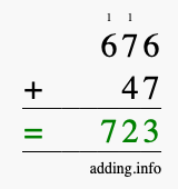 Calculate 676 + 47 using long addition