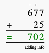 Calculate 677 + 25 using long addition