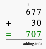 Calculate 677 + 30 using long addition