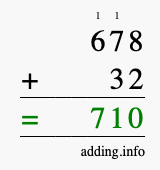 Calculate 678 + 32 using long addition