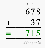 Calculate 678 + 37 using long addition