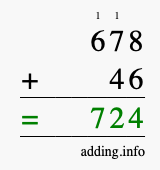 Calculate 678 + 46 using long addition