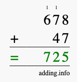 Calculate 678 + 47 using long addition