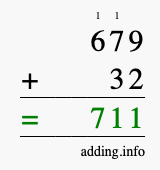 Calculate 679 + 32 using long addition