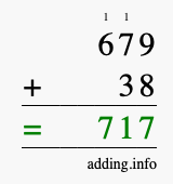 Calculate 679 + 38 using long addition