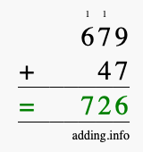 Calculate 679 + 47 using long addition