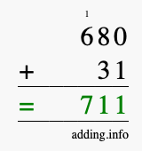 Calculate 680 + 31 using long addition