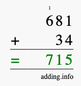 Calculate 681 + 34 using long addition