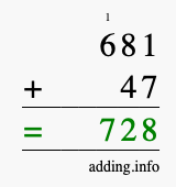 Calculate 681 + 47 using long addition