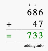 Calculate 686 + 47 using long addition