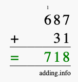 Calculate 687 + 31 using long addition