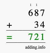 Calculate 687 + 34 using long addition