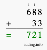 Calculate 688 + 33 using long addition