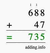 Calculate 688 + 47 using long addition