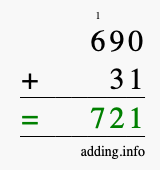 Calculate 690 + 31 using long addition