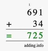 Calculate 691 + 34 using long addition