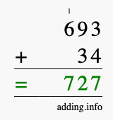 Calculate 693 + 34 using long addition