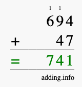 Calculate 694 + 47 using long addition