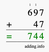 Calculate 697 + 47 using long addition