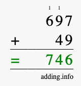 Calculate 697 + 49 using long addition