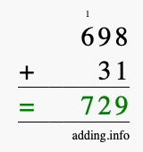 Calculate 698 + 31 using long addition