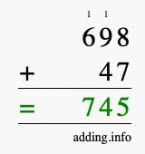 Calculate 698 + 47 using long addition